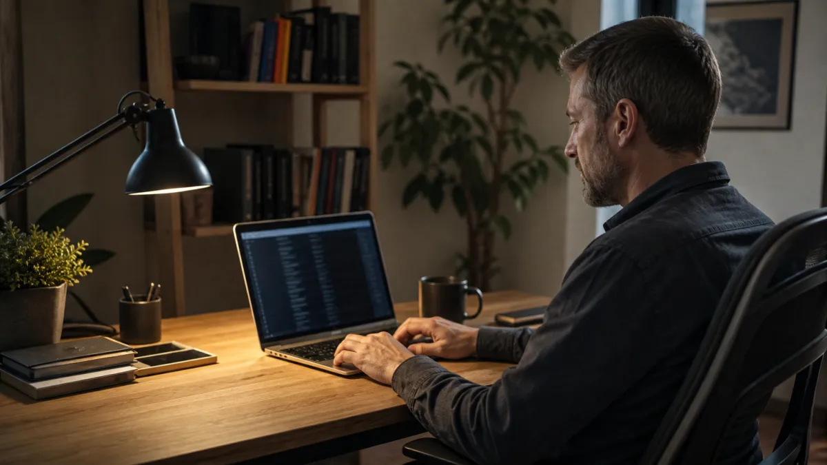 A system administrator examines an onion site directory on a laptop in a cozy home office setting.
