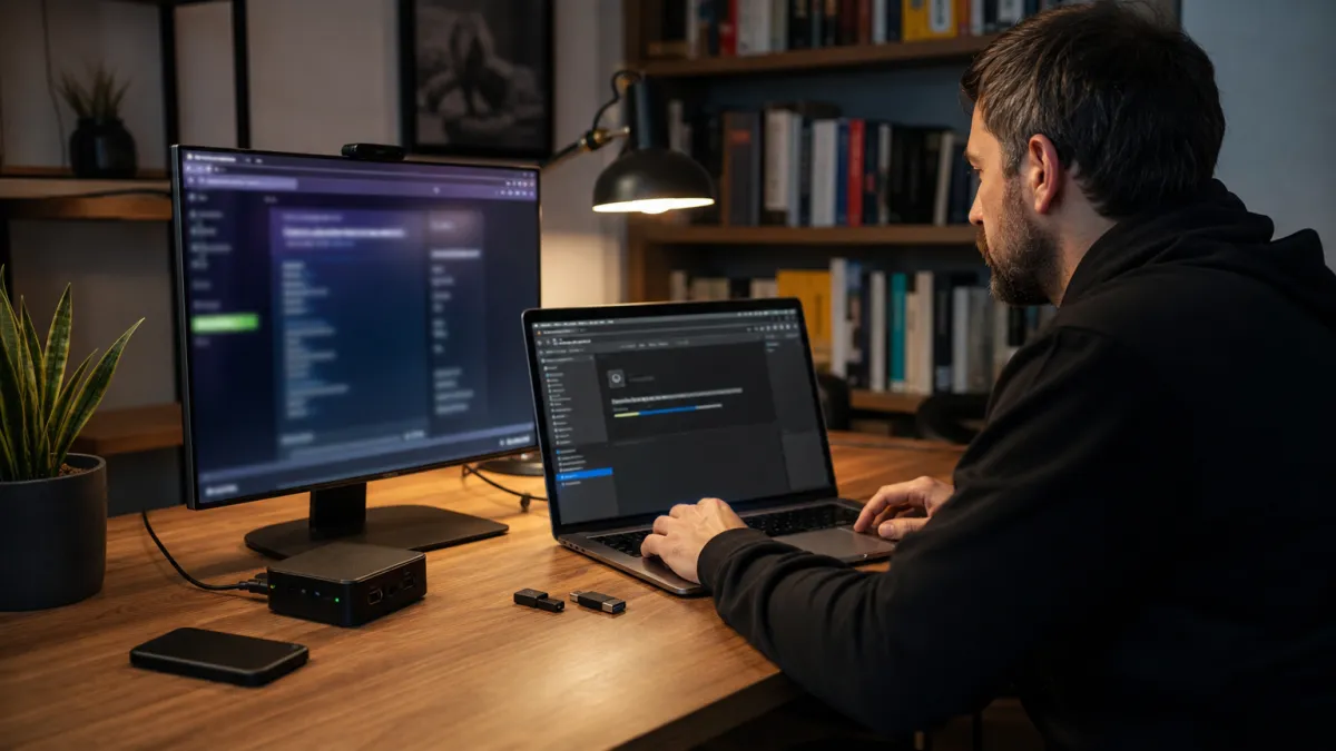 A system administrator in a home office downloading dark web apps, surrounded by technology books and security tools.
