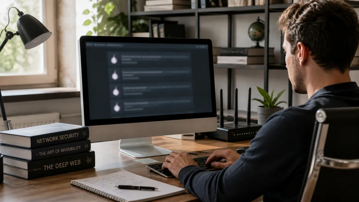 A system administrator configuring Tor access on a desktop, highlighting the technical process and deep web navigation.