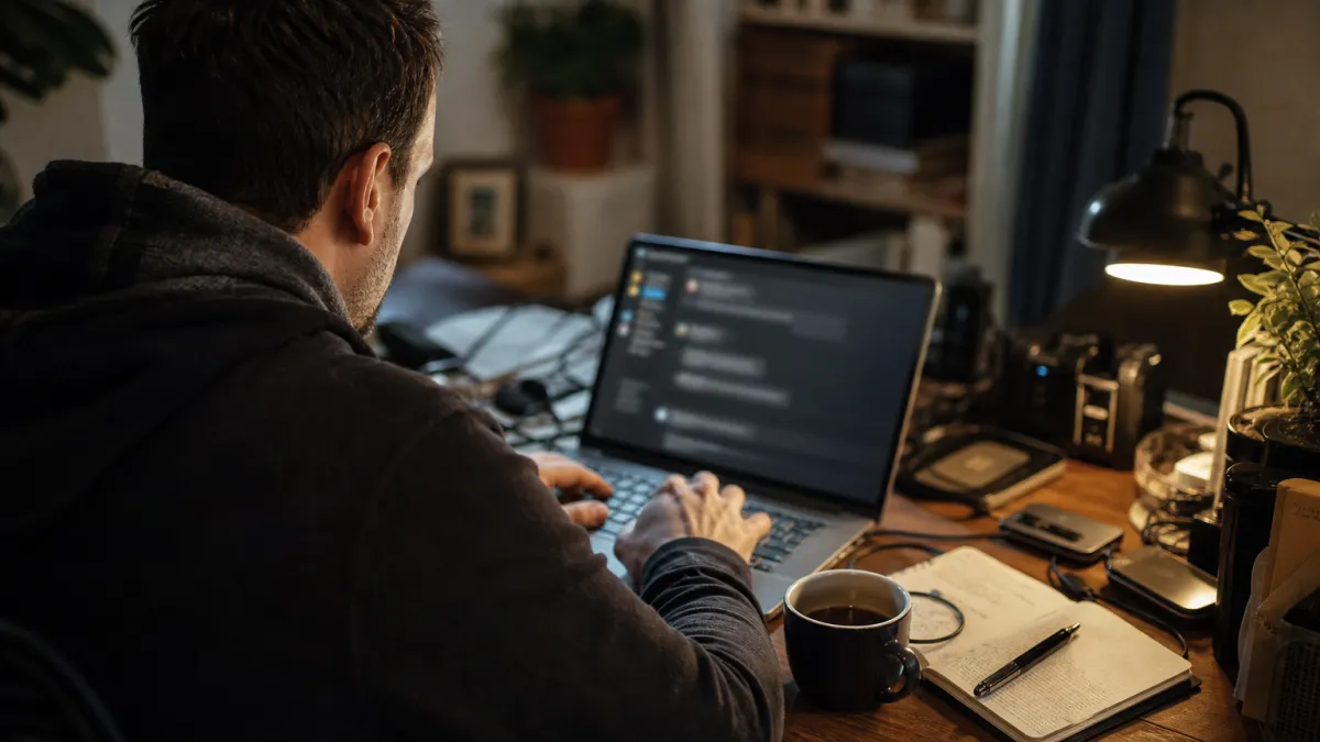 A system administrator using OnionShare Chat in a cozy home office, emphasizing anonymous communication in the deep web.