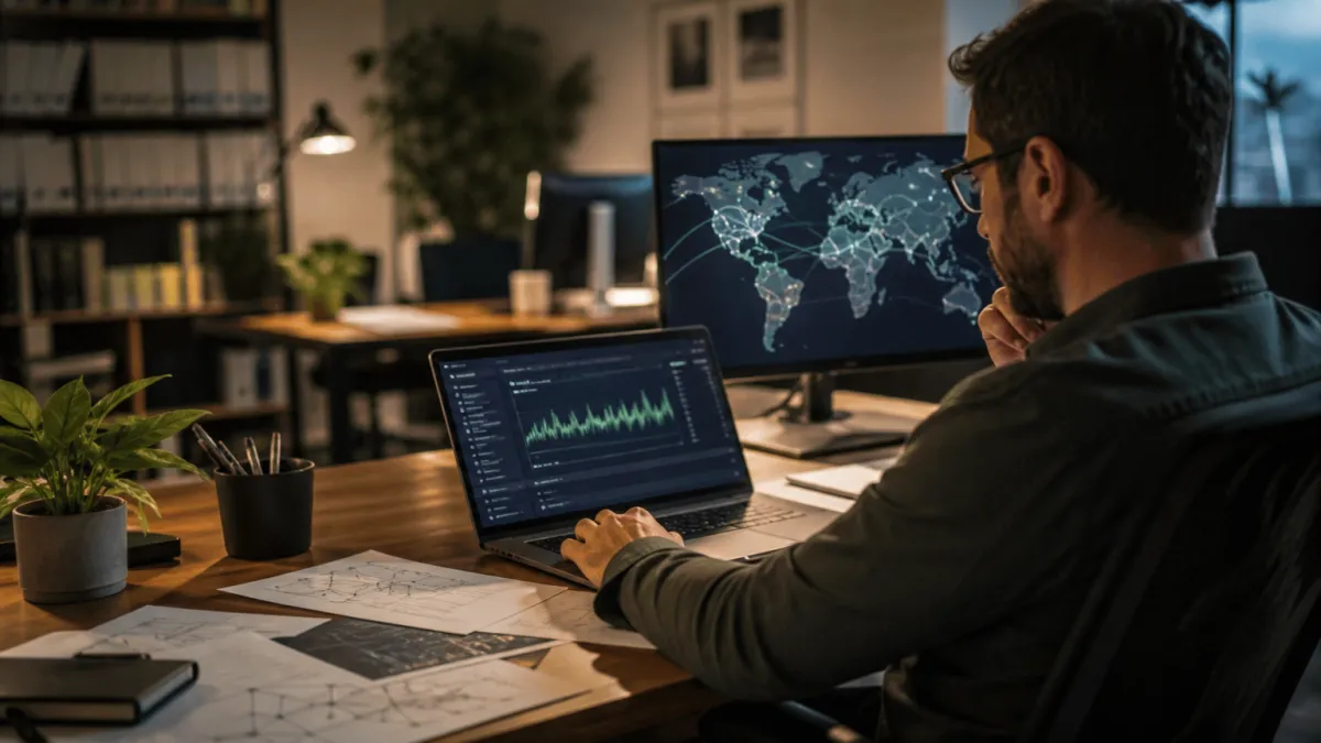 A system administrator analyzing data related to the Tor network in a modern office setting, reflecting the complexities of navigating the deep web.