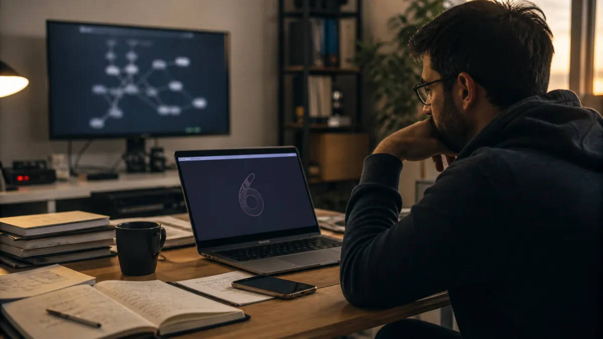 A system administrator in an office reviewing dark web resources, highlighting safe navigation practices.