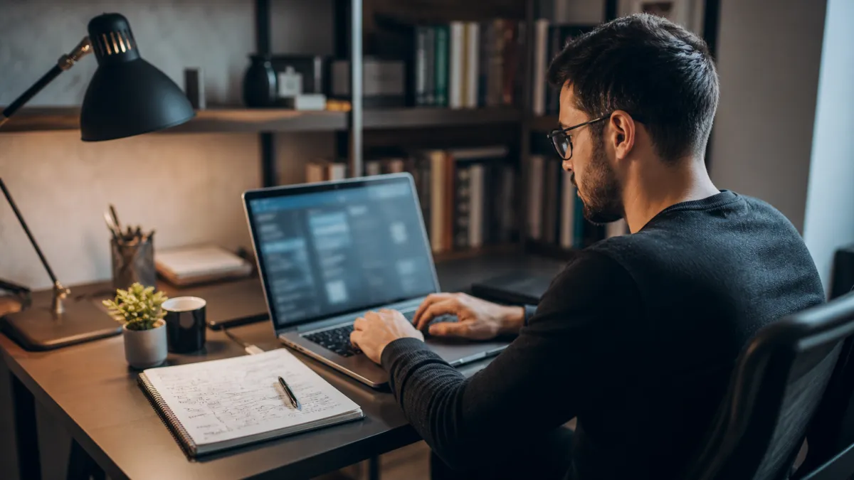 A system administrator working in a cozy office, exploring deep web databases for research and security.