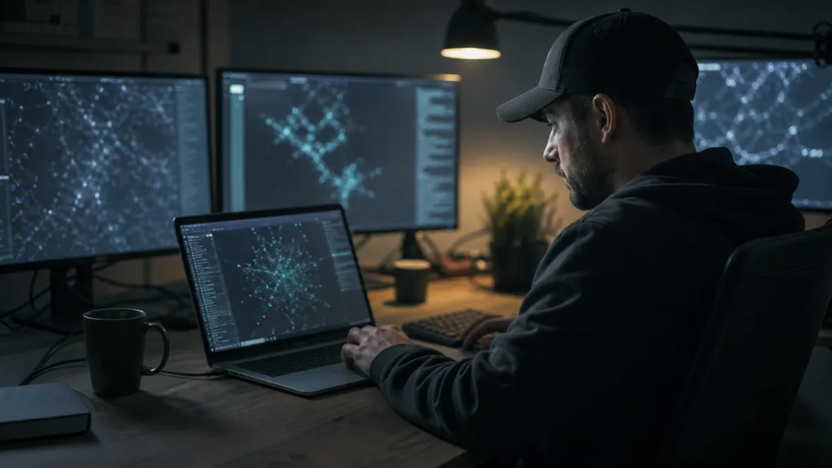 A system administrator focused on dark web tools in a tech workspace, highlighting secure browsing practices.