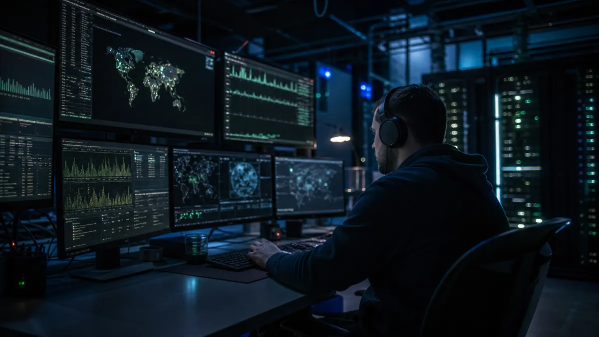 A system administrator analyzing dark web activity on multiple screens in a control room, highlighting cybersecurity efforts.