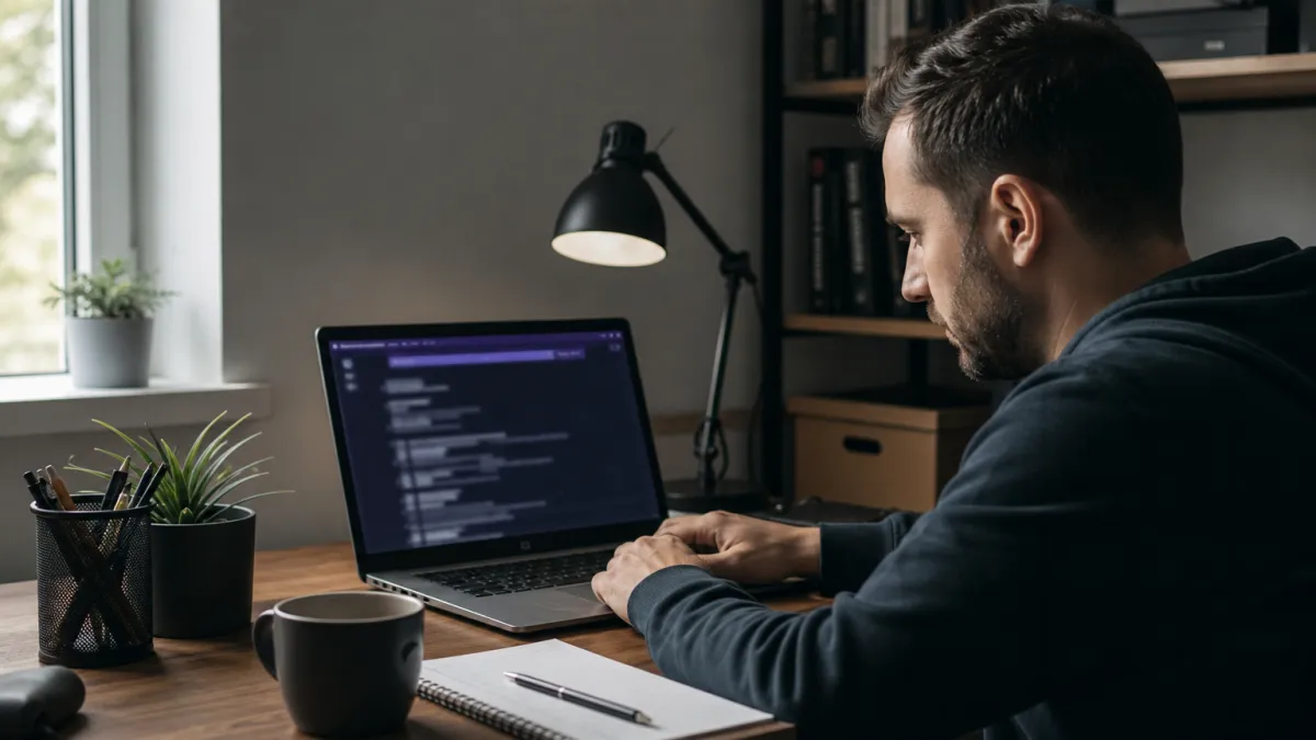 A system administrator explores a deep web search engine in a home office, highlighting the theme of accessing hidden content.