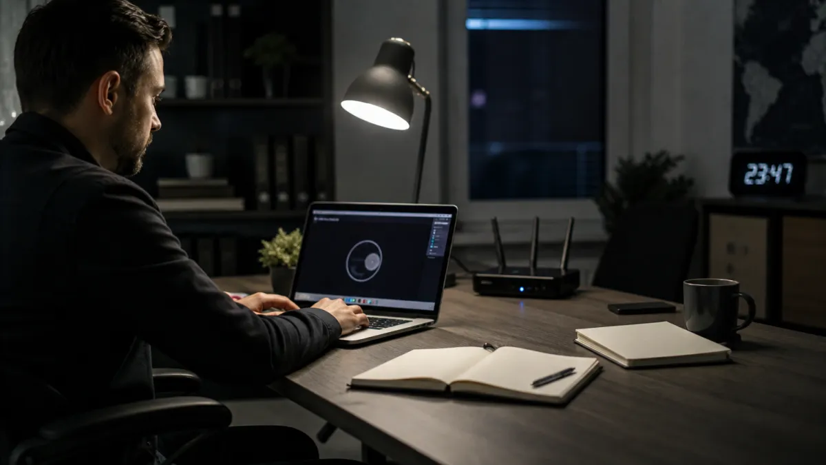 A system administrator focused on accessing onion services through Tor Browser in a modern office setting.